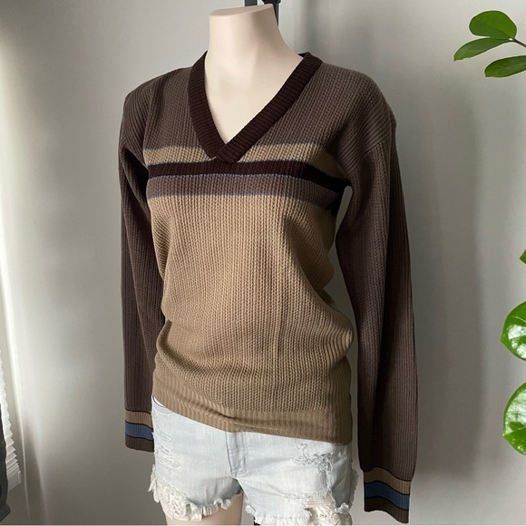 Vintage Kennington California Academia Vneck Knit Sweater Brown Tan Size Small - Picture 8 of 9